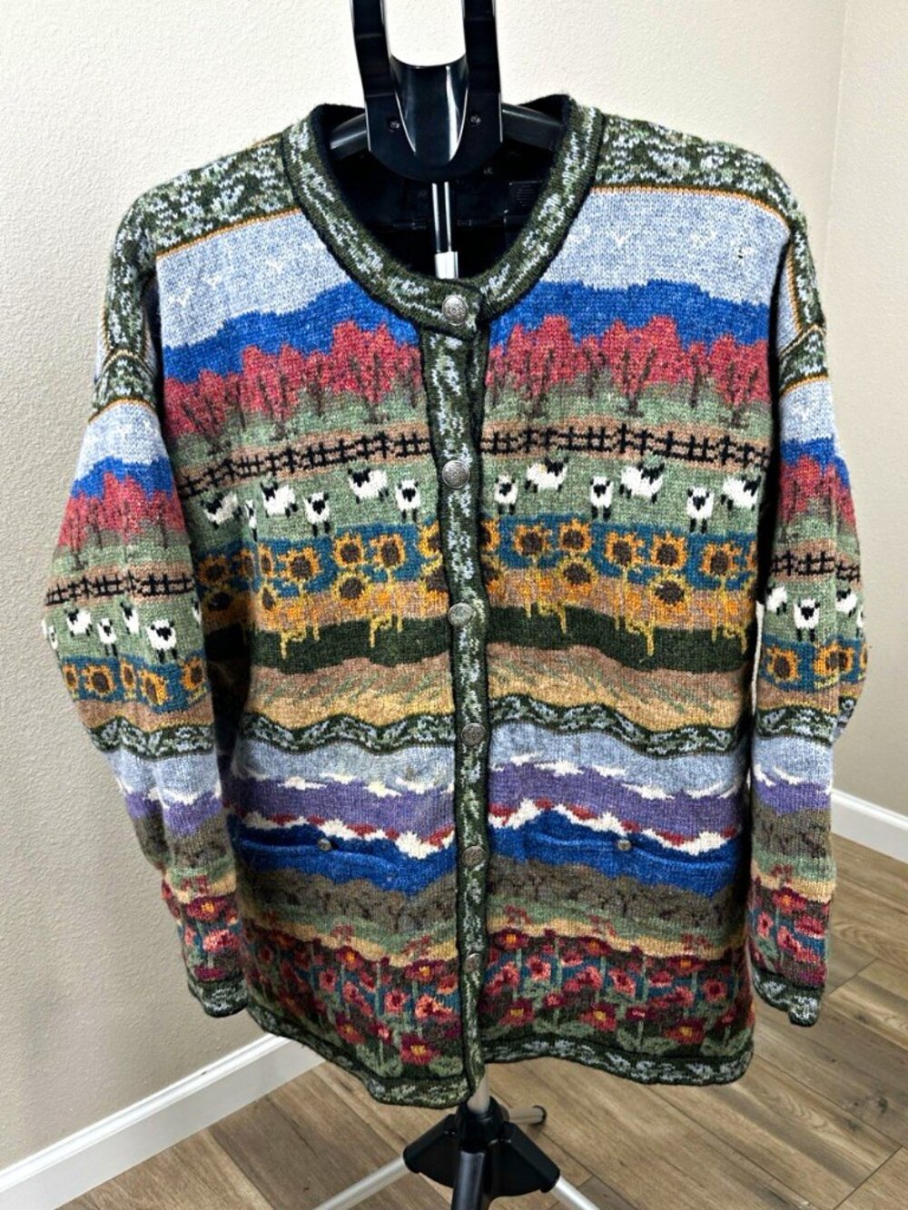 Icelandic Design Women’s XXL Multicolor 100% Wool Sheep Landscape Cardigan